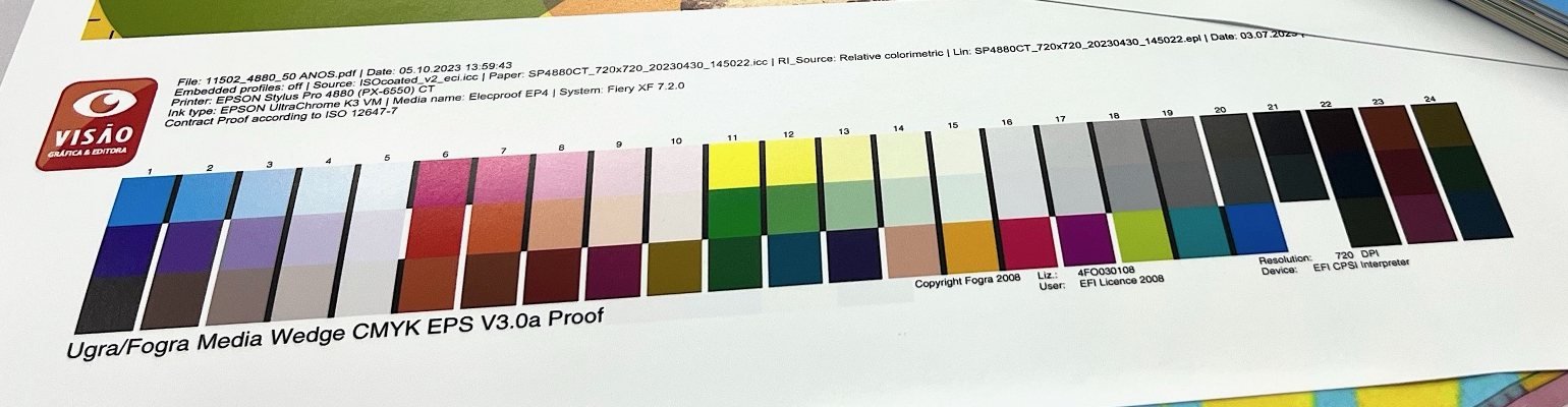 Escala de controle Ugra/Fogra Media Wedge com etiqueta da Visão Gráfica: Contract Proof according to ISO 12647-7
